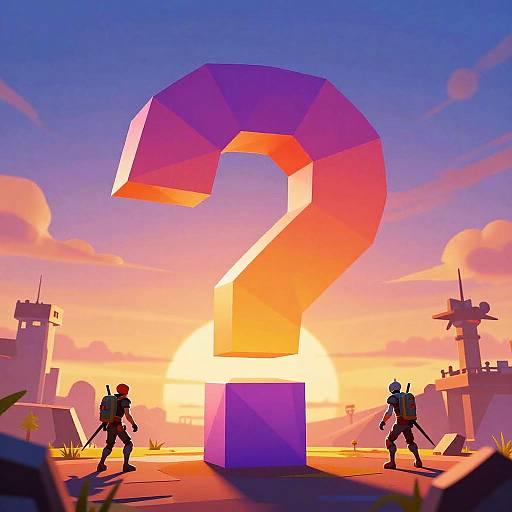 Digital artwork of two silhouetted warriors facing a massive, glowing, question-mark-shaped structure at sunset with vibrant, orange and purple sky.