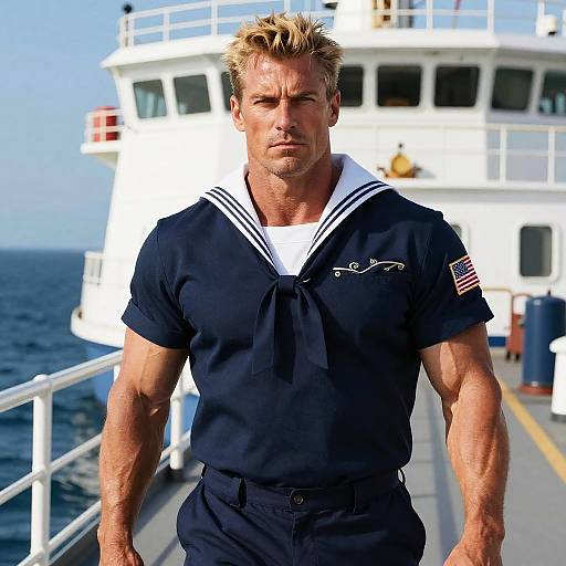Muscular Sailor on Ship Deck