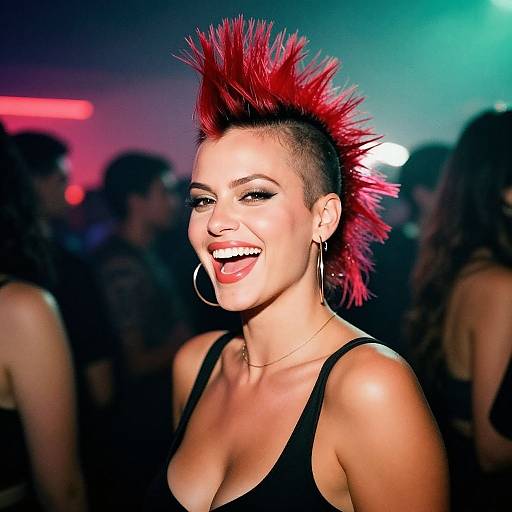 Photograph of a smiling woman with a red mohawk, black undercut, large hoop earrings, and a black tank top, set against a dimly