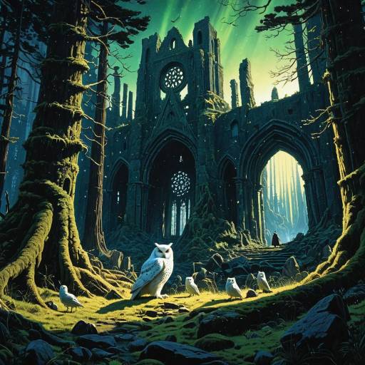 Mystical White Owls in Ancient Forest Cathedral Ruins