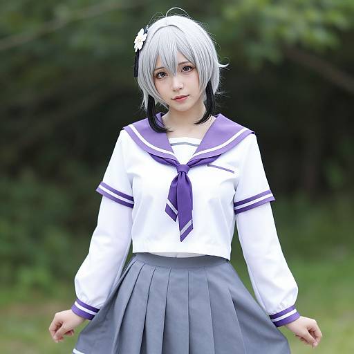 Digital anime-style photograph of a young girl with white and black hair, wearing a white sailor uniform with purple trim and a grey pleated skirt, standing