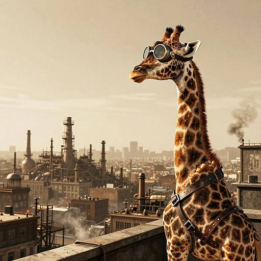 Stoic Steampunk Giraffe Over Industrial City