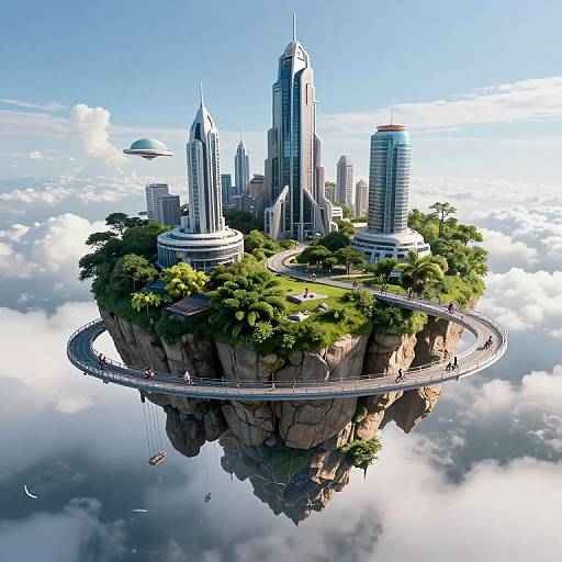 Digital art of a futuristic floating city with tall skyscrapers, lush greenery, winding road, and reflective water below, surrounded by clouds.