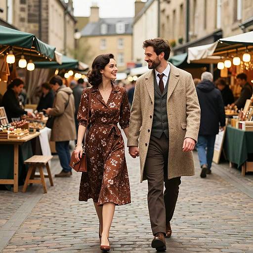 Photograph of a smiling couple walking hand-in-hand down a cobblestone street market, the man in a beige overcoat and the woman in a