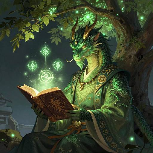 Digital art: Green-scaled, horned dragon in ornate robes reads glowing magical book under a luminous tree, surrounded by floating runes.