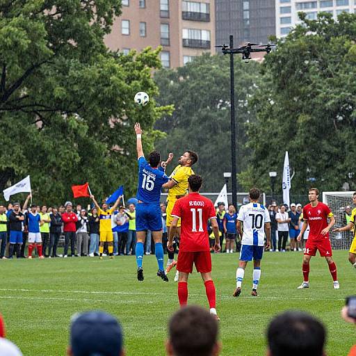 Photograph of intense soccer match: player in blue jumps to head ball, surrounded by players in red and white, amidst cheering crowd and lush green field