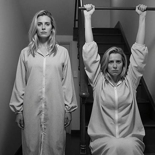 Black and White Photo of Two Women in Nightgowns in Hallway