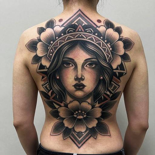 Tattooed back portrait of a serene, dark-haired woman with detailed flowers and geometric patterns, centered on a light-skinned individual.