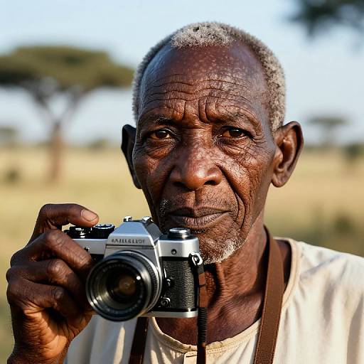Photograph of an elderly African man with deep wrinkles, short gray hair, and dark skin, holding a Pentax camera, wearing a white shirt,
