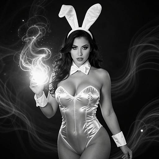 Black-and-white photo of a curvy woman with long dark hair, wearing a shiny silver bunny costume, holding a glowing, smoke-like orb. White