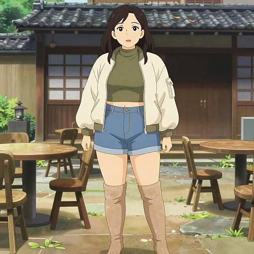 Digital anime-style drawing of a surprised young woman with black hair, wearing a white jacket, green turtleneck, blue shorts, and knee-high boots