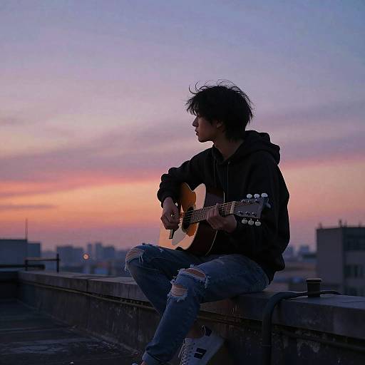 Photograph of a silhouetted young man with messy hair playing acoustic guitar on rooftop at sunset, wearing hoodie and ripped jeans.