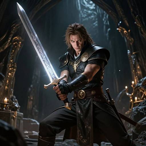 Photorealistic digital artwork of a muscular man with long brown hair, wielding a glowing, ornate sword in a dark, gothic cathedral.