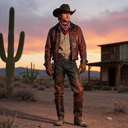 Photograph of a rugged cowboy in a brown leather jacket, cowboy hat, and boots, standing in a desert at sunset with a cactus and old