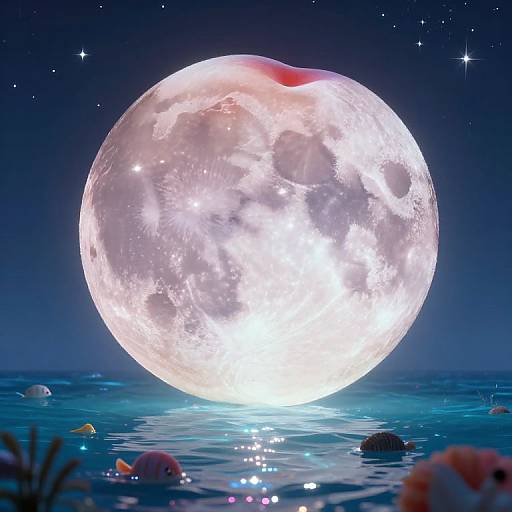 Photorealistic digital art of a glowing, detailed full moon rising over a calm, starry ocean with colorful fish and underwater rocks.