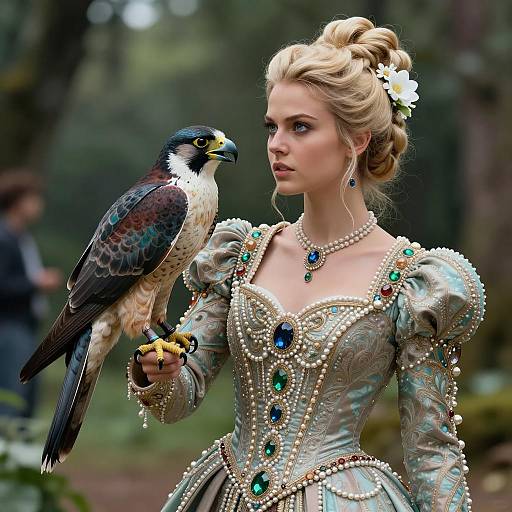 Regal Woman with Falcon in Forest
