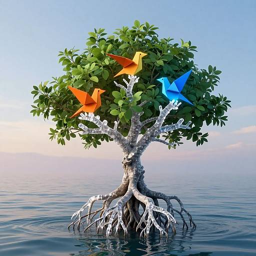 Monolithic Tree with Luminous Origami Birds