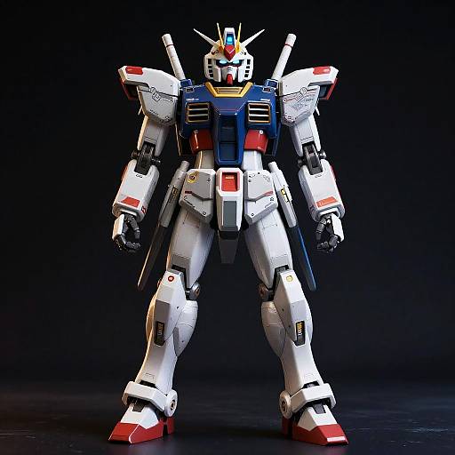 Photorealistic CGI of a white, blue, and red Gundam-style mecha robot with red eyes, standing against a dark background, displaying a powerful