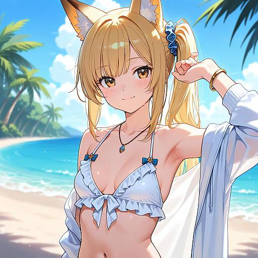 Anime-style digital drawing of a blonde, fox-eared girl in a white frilled bikini, blue bows, beach background, palm trees, ocean.