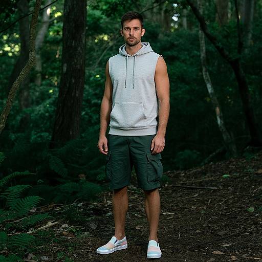 Photograph of a muscular man with short dark hair and beard, wearing a white sleeveless hoodie, dark green cargo shorts, and white sneakers, standing