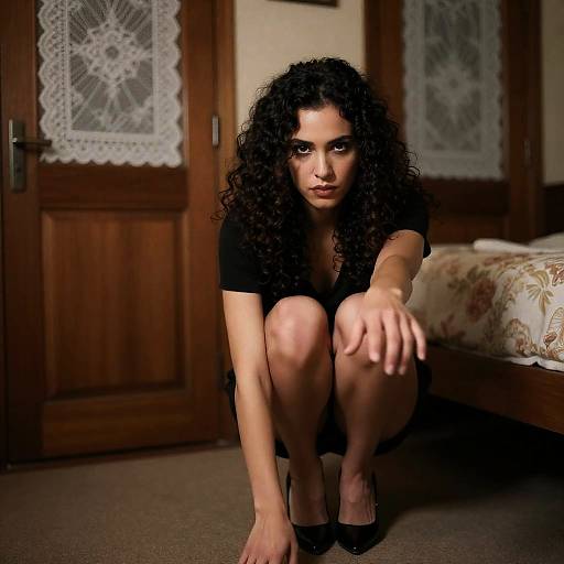 Crouching Woman in Dimly Lit Room