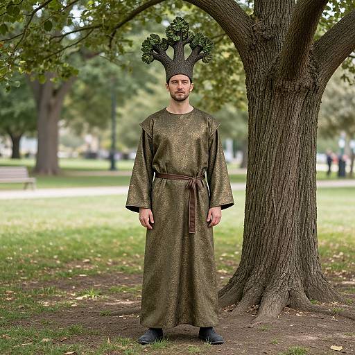 Photograph of a bearded man in a brown, medieval-style robe with a tree-shaped hat, standing under a large tree in a park.