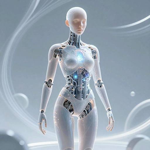 Digital CGI of a sleek, silver, humanoid robot with exposed mechanical components, standing in a futuristic, glowing, blue-gray background.