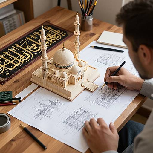 Photograph of a man drawing blueprints of a detailed wooden mosque model on a table, with pens and a ruler nearby.
