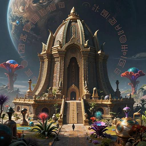 Digital art of a glowing, ornate, dome-shaped temple surrounded by colorful alien mushrooms and exotic plants, with a planet in the night sky. Water