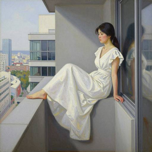 Digital painting of a brunette woman in a white, flowing dress, sitting on a balcony, gazing at a cityscape. Sunlight reflects off her