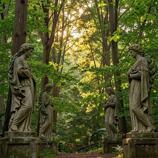 Photograph of three stone angel statues in a sunlit, dense forest; angels with draped robes and wings, surrounded by tall trees and vibrant green foliage