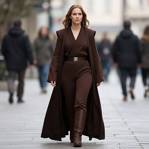 Photograph of a confident woman with wavy brown hair, wearing a dark brown, long-sleeve, V-neck jumpsuit and coat, walking