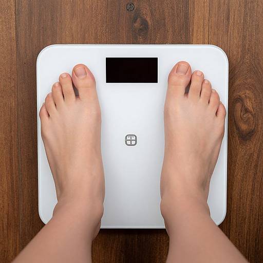 Photograph of light-skinned feet on a white electronic bathroom scale with a black measurement display, on a wooden floor.