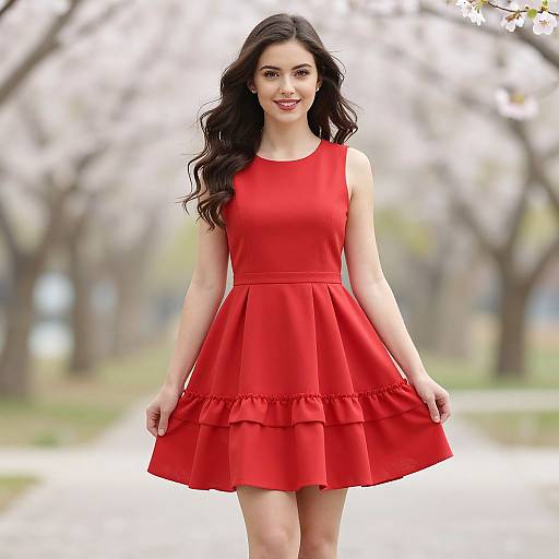 Sweet Woman in Ruffled Red Dress