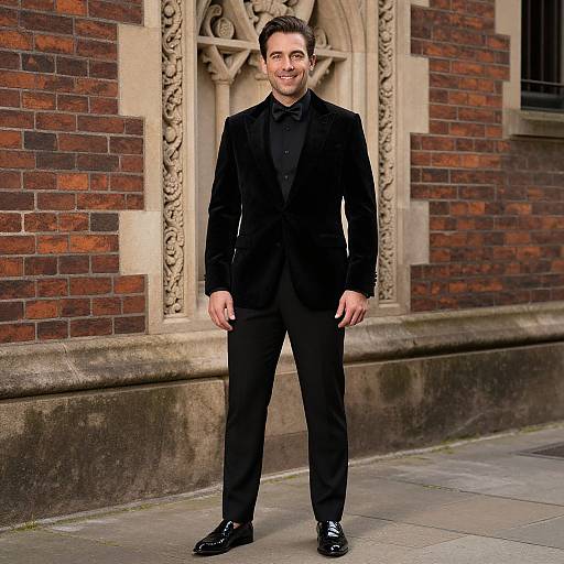 Photograph of a smiling man in a black tuxedo standing on a stone sidewalk against a brick building with ornate stone window trim.