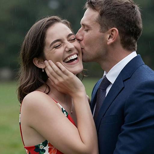 Man Kissing Woman on Cheek in the Rain