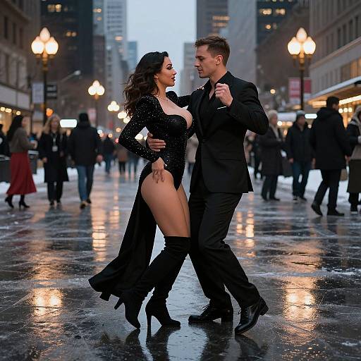 Photograph of a sultry couple dancing on a wet, reflective city street at dusk, she in a revealing black outfit, he in a black suit
