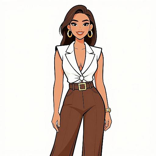 Digital illustration of a confident woman with long brown hair, wearing a white knotted blouse, brown high-waisted pants, gold earrings, and a