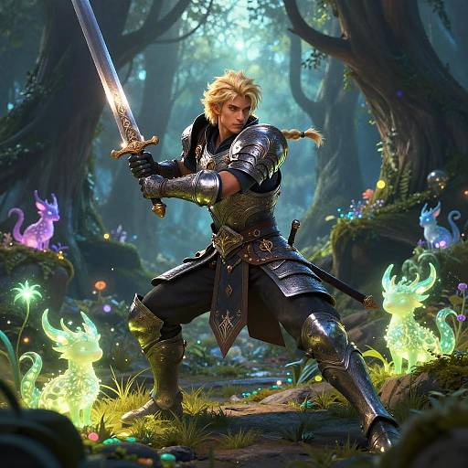 Digital fantasy artwork: Blonde warrior in ornate black armor, holding glowing sword, amidst mystical forest with glowing fireflies and enchanted trees.
