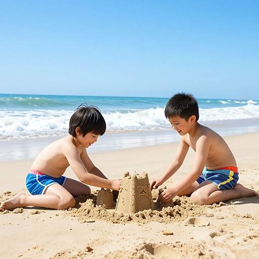 Two young Asian boys, shirtless, in blue swim trunks, building a sandcastle on a sunny beach with clear blue ocean waves.