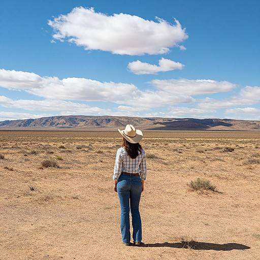 Photograph of a woman in a white cowboy hat, plaid shirt, and blue jeans, standing alone in a vast, sunlit desert with mountains