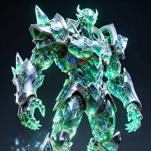 Glowing, crystalline, robotic warrior with green and blue energy accents, sharp metallic armor, and horn-like structures, set against a dark background