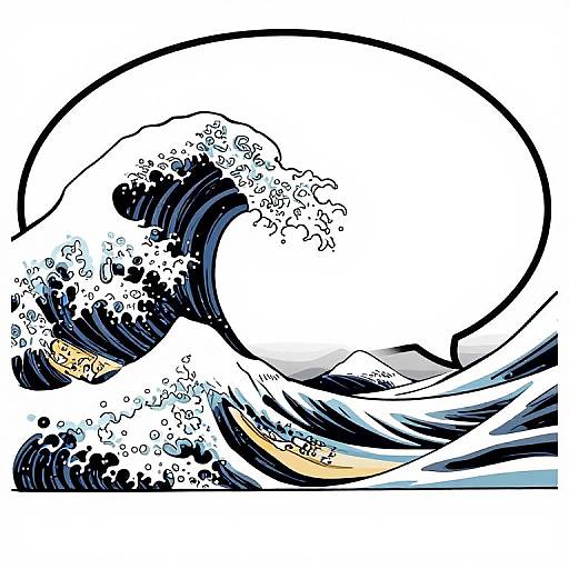 Digital illustration of a dynamic, black and white wave with splashing water, outlined in bold, flowing lines, capturing Hokusai's woodblock print