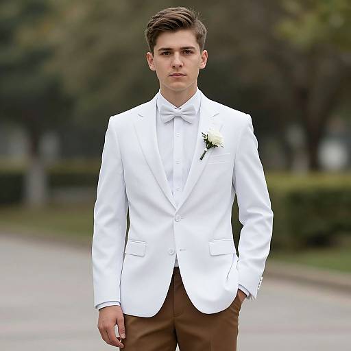 Photograph of a young, fair-skinned man with short, brown hair, wearing a white tuxedo jacket, brown pants, white shirt,