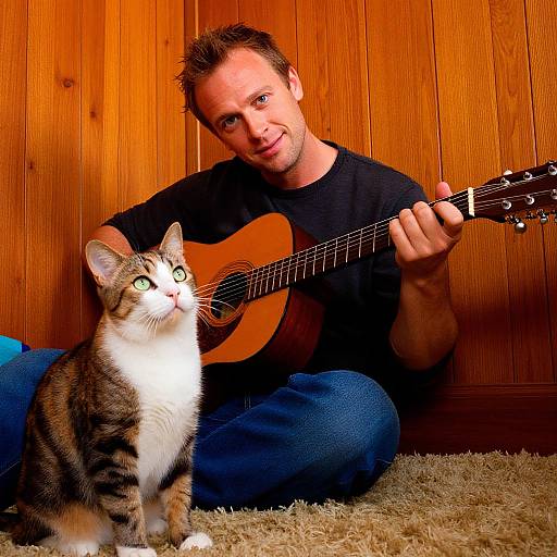 Photograph of a smiling man with short brown hair, wearing a black shirt and blue jeans, playing an acoustic guitar while a curious tabby cat with