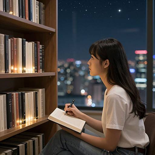Photograph of an Asian woman with long black hair, wearing a white t-shirt, sitting at a window reading, writing in a notebook by a lit