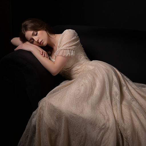 Photograph of a sleeping woman with dark brown hair, wearing an ornate, cream-colored lace wedding dress, against a black background.
