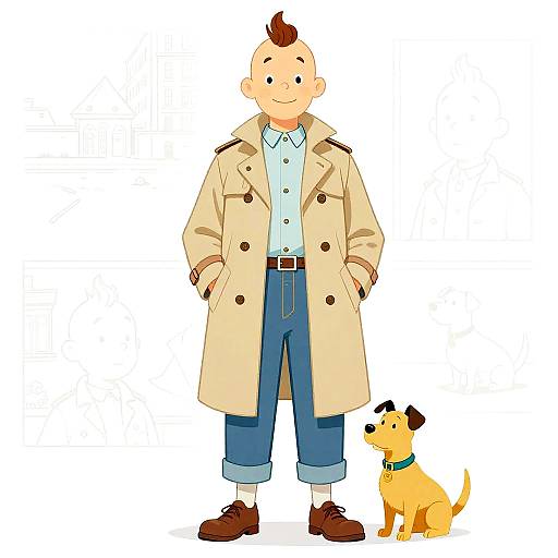 Cartoon illustration of a bald man in a beige trench coat, blue pants, brown shoes, standing with a small yellow dog wearing a blue collar.