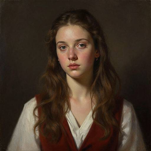 Digital painting of a young woman with long brown hair, fair skin, and pink cheeks, wearing a white blouse and red vest, against a dark background