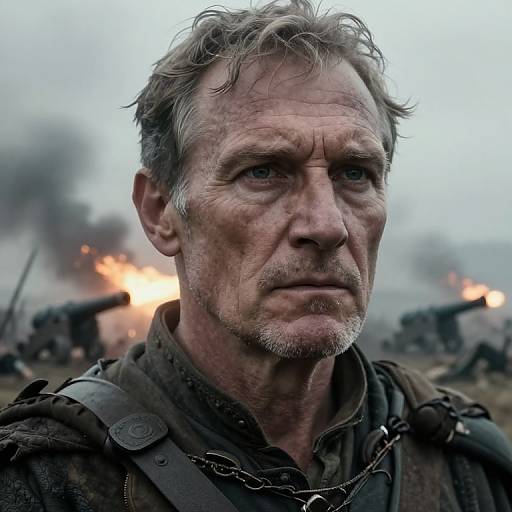 Photograph of a rugged, middle-aged man with gray hair and stubble, wearing military gear, set against a war-torn battlefield with smoke and